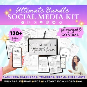 May include: A digital planner kit for social media with over 120 pages. The kit includes planners, calendars, trackers, goals, and checklists. The kit is printable and available for instant download. The text "Ultimate Bundle Social Media Kit" is at the top of the image. The text "get organized & GO VIRAL" is in the upper right corner of the image. The text "SOCIAL MEDIA Ultimate Planner" is in the center of the image.