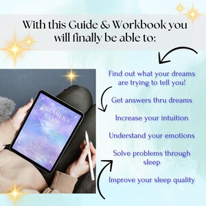 Peut inclure: Une tablette num&eacute;rique affichant une illustration violette et bleue d'un croissant de lune et d'&eacute;toiles avec le texte "Dreamer's Guide" sur un fond blanc. La tablette est tenue par les mains d'une personne. L'image est accompagn&eacute;e d'un texte qui dit "Avec ce guide et ce cahier d'exercices, vous serez enfin capable de : D&eacute;couvrir ce que vos r&ecirc;ves essaient de vous dire ! Obtenir des r&eacute;ponses par le biais des r&ecirc;ves Augmenter votre intuition Comprendre vos &eacute;motions R&eacute;soudre des probl&egrave;mes pendant votre sommeil Am&eacute;liorer la qualit&eacute; de votre sommeil"