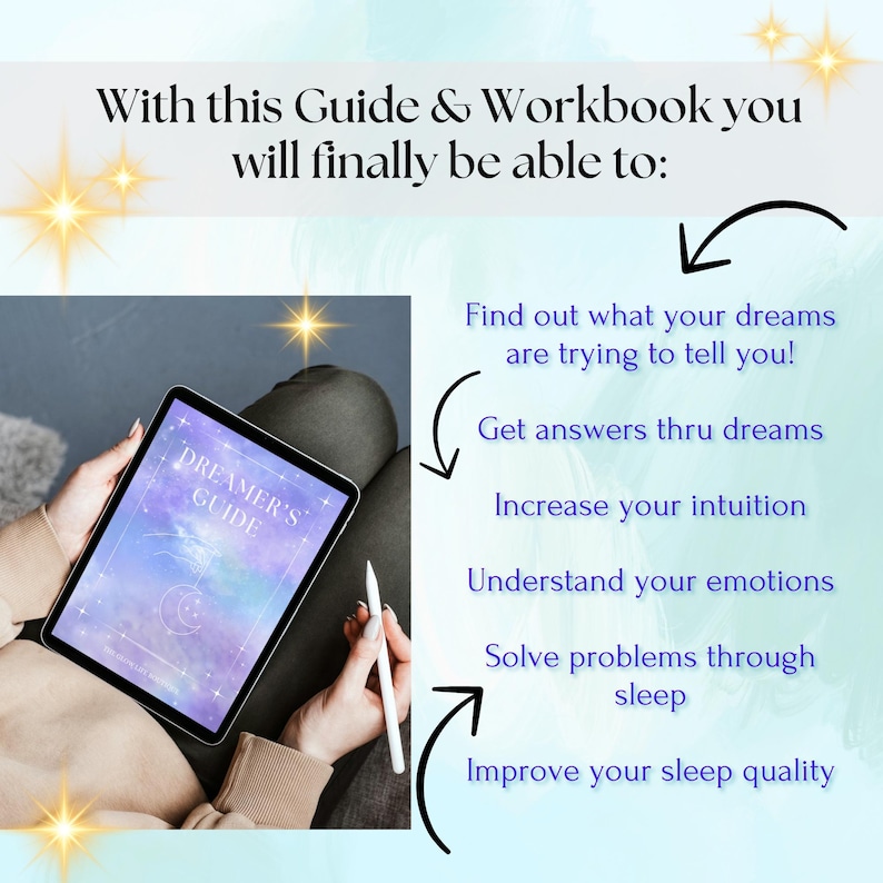 Peut inclure: Une tablette num&eacute;rique affichant une illustration violette et bleue d'un croissant de lune et d'&eacute;toiles avec le texte "Dreamer's Guide" sur un fond blanc. La tablette est tenue par les mains d'une personne. L'image est accompagn&eacute;e d'un texte qui dit "Avec ce guide et ce cahier d'exercices, vous serez enfin capable de : D&eacute;couvrir ce que vos r&ecirc;ves essaient de vous dire ! Obtenir des r&eacute;ponses par le biais des r&ecirc;ves Augmenter votre intuition Comprendre vos &eacute;motions R&eacute;soudre des probl&egrave;mes pendant votre sommeil Am&eacute;liorer la qualit&eacute; de votre sommeil"