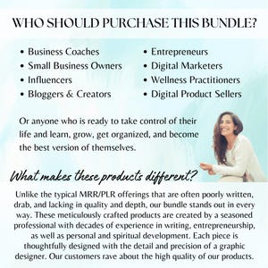 May include: A text-based graphic with a light blue background and white text. The text reads "Who should purchase this bundle?" and lists several professions, including business coaches, small business owners, influencers, bloggers and creators, entrepreneurs, digital marketers, wellness practitioners, and digital product sellers. The text also reads "Or anyone who is ready to take control of their life and learn, grow, get organized, and become the best version of themselves." The graphic also includes a photo of a woman smiling and sitting on a bench.