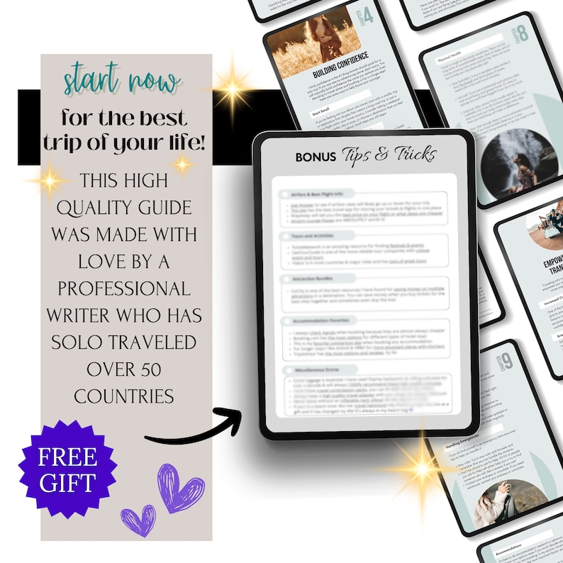 K&ouml;nnte beinhalten: Ein digitales Tablet zeigt einen Leitfaden mit dem Titel "Bonus Tips & Tricks" und dem Text "Building Confidence". Der Leitfaden ist auf einem hellblauen Hintergrund mit schwarzem Text. Das Tablet ist von anderen digitalen Tablets mit &auml;hnlichen Leitf&auml;den umgeben.