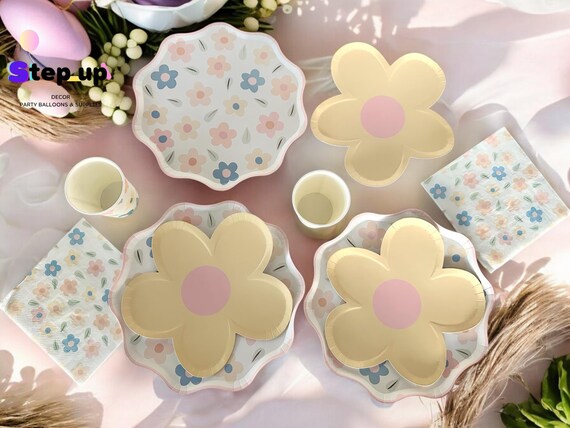 Floral Party Tableware Set |Disposable Plates, Cups & Napkins for Spring and Daisy Themed Events, Birthday, Bridal Shower, Easter, Tableware
