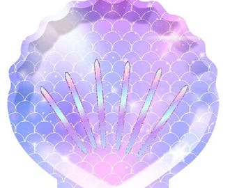 Mermaid Party Seashell Plates, Purple Ombre, Iridescent Set of 8