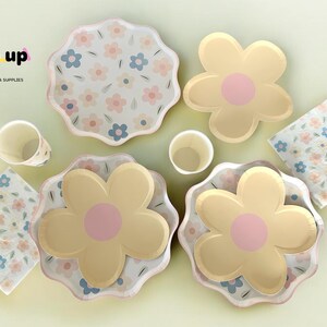 May include: A set of floral-themed party supplies, including plates, napkins, and cups. The plates feature a white background with pastel pink, blue, and yellow flowers. The napkins have a similar floral pattern, and the cups are white with a light blue rim.