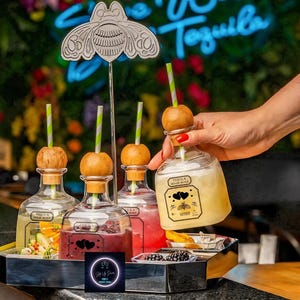 May include: A selection of tequila cocktails in glass bottles, each with a wooden stopper and a striped straw. The bottles contain colorful drinks and garnishes. A metal bee-shaped decoration stands above the bottles.