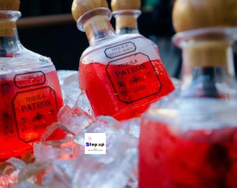 Réplica de botellas reutilizables Patron con pegatinas y pajita, vasos reutilizables Patron, vasos Patron sin tóxicos, botellas Patron, botella Patron, vaso