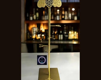 Matte Gold Patron Tequila Bottle Tower – Stainless Steel Drink Stand with Logo Base for Reusable Cups & Cocktail Presentation. Patron stand