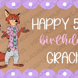 May include: A rectangular banner with a scalloped purple border featuring white polka dots. The center is brown with a cartoon rabbit and fox. Text reads: HAPPY 5TH birthday GRACIE. The rabbit wears a blue jacket and jeans, the fox a pink shirt.