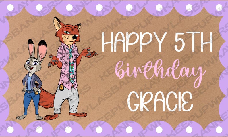 May include: A rectangular banner with a scalloped purple border featuring white polka dots. The center is brown with a cartoon rabbit and fox. Text reads: HAPPY 5TH birthday GRACIE. The rabbit wears a blue jacket and jeans, the fox a pink shirt.