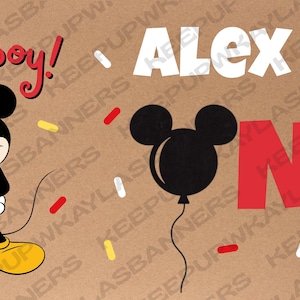 May include: A rectangular banner featuring Mickey Mouse on the left, the text Oh boy! in red, and the text ALEX IS ONE in white, red, and yellow. A black Mickey Mouse head balloon icon is present, surrounded by small red, yellow, and white confetti.