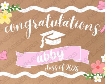 Hand-Painted Graduation Banner | Custom Name, Class of 2026, Girly Decor