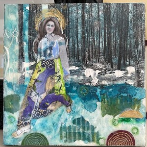 Original art encaustic mixed media painting. “Step into the New Year” 8x8