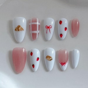 Strawberry Bakery Press On Nails | 10 Press On Nails | Valentine&#39;s Nails | Custom Made
