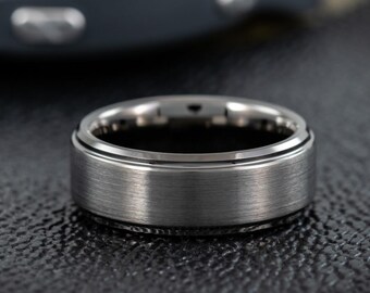 Gunmetal Tungsten Carbide Promise Ring with Stepped & Beveled Edge, 8mm Men's Ring, Gift for Boyfriend