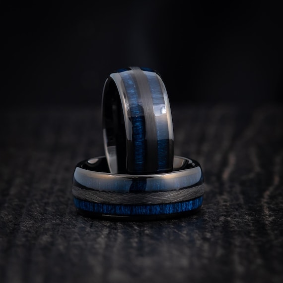 Black Wedding Ring for Men, Promise Ring for Him, Engagement Band, Custom Engrave Anniversary Ring, Blue Wood Tungsten Ring Gift for Husband