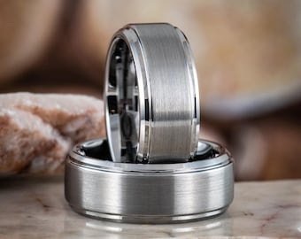 Personalized Modern Promise Ring for Men, Gray Comfort Fit Tungsten Ring, Long Distance Gift for Him