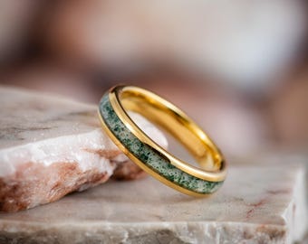 4mm 6mm Moss Agate Ring Wedding Band for Woman Man Gold Tungsten Ring for Him Her, Moss Agate Ring, Proposal Ring, Anniversary Matching Ring