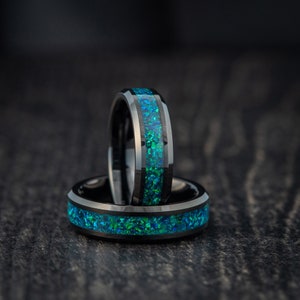 Personalized Matching Wedding Band, Space Galaxy Ring, Promise Ring, Blue Green Opal Tungsten Ring, Unisex Engagement Band, Anniversary Gift