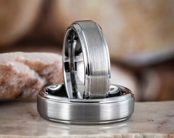 Custom Engraved 6mm Ring for Him, Gray Tungsten Brushed Center Ring, Men's Ring for Promise or Engagement Gift