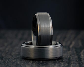 Modern Style Black Promise Ring for Men, Gift for Boyfriend, Flat Brushed Ring, 8mm High Polished Stepped Edge