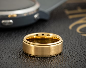 Gold Brushed Promise Ring for Men, 8mm Comfort Fit Tungsten Ring, Engraved Gift for Boyfriend