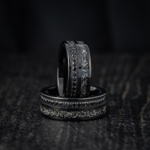 Meteorite Wedding Band with Eternity Black Cubic Zirconia, Black Tungsten Ring, Meteorite Ring, Unique Men&#39;s Ring, Promise Ring for Man