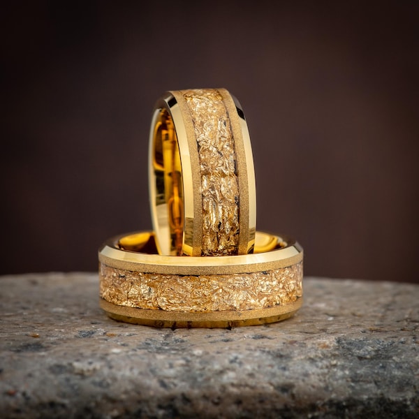 Anillo de boda de oro para hombre, anillo de tungsteno único, anillo de oro amarillo con incrustaciones de lámina de oro, anillo para hombre, alianza de boda para hombre, anillo de boda, alianza para hombre