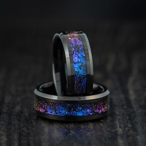 Black Tungsten Outer Space Galaxy Wedding Band, Engagement Ring Galaxy, Cosmos Blue Opal Promise Ring for Him, Anniversary Gift for Men