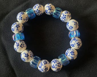 NEW STYLE, Dutch Delft Blue Inspired Beaded Bracelet, CRYSTAL Style