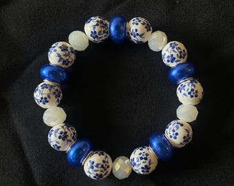 NEW STYLE Dutch Delft Blue Inspired Beaded Bracelet, METALLIC Style