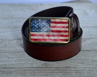 The Betsy B. Belt - Leather Belt with Vintage American Flag Buckle