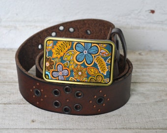 The Evie Belt- Leather Belt with Art Deco BLue and Green Flower Buckle