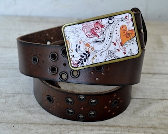 The Ali Belt.  Tattoo Buckle with Brown Grommet Leather Belt