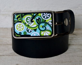 The Helga Belt - Leather Belt with Bold Graphic Green Buckle