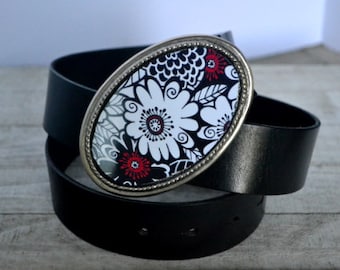 The Olivia Belt. Bold Black, White and Red Flower Buckle with Black Leather Belt