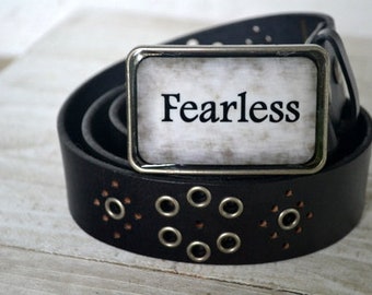 The Fearless Belt -  Black Leather Belt with Fearless Buckle