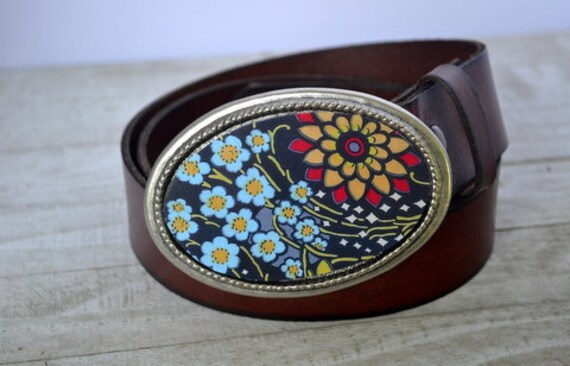 The Katherine Belt. Bold Flower Buckle with Brown Leather | Etsy