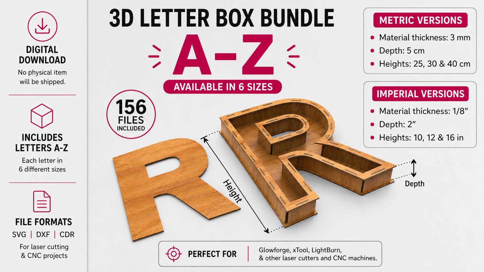 3D Alphabet Letter Box SVG Bundle, A-Z Laser Cut Files, Wooden Letter ...
