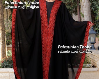 Luxury Black & Red Embroidered Abaya Bisht Palestinian Thobe Embroidery  Jordanian dress  / Palestine  abaya  ثوب فلسطيني / مطرزات فلسطينية