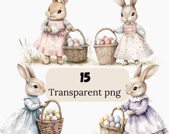 Easter Bunny PNG Bundle, Easter Printables and Greeting Cards, Watercolor Spring Clipart for Scrapbook and Holiday Crafts