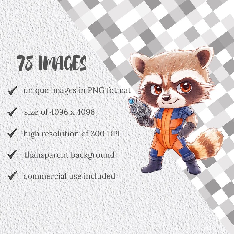 Chibi raccoon hero illustration shown as sublimation png preview.