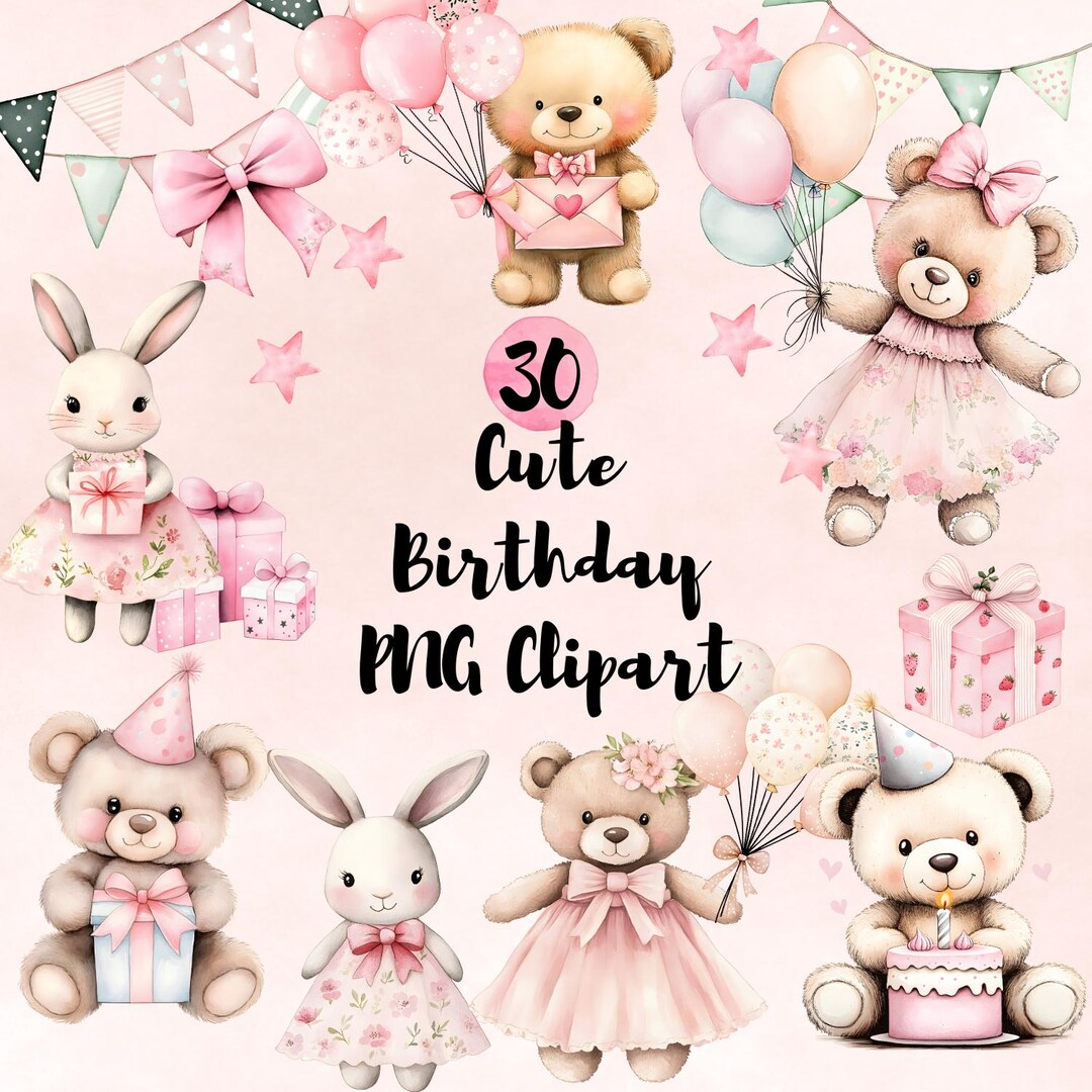 Cute Pastel Birthday Clipart, Watercolor Teddy Bear Clipart Charming ...