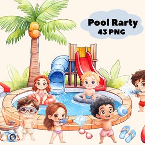 Kids Pool Party Clipart Bundle, Cute Summer Clipart PNG, Children&#39;s Colorful Summer Png, Kids Swimming Art, Nursery Poolside