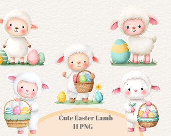 Cute Easter Lamb Clipart Bundle, Watercolor Sheep PNG for Spring Crafts and Greeting Cards, Easter Animal Clipart for Sublimation