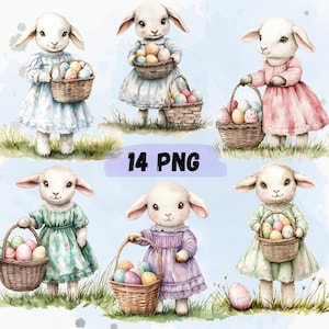 14 PNG イースター ラム クリップアート、水彩画の春の羊、かわいいイースター デー バンドル クリップアート、イースター カード作成、ベビー シャワー、ギフト カード、印刷可能