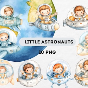 Puede incluir: Ilustraciones en acuarela de pequeños astronautas en varias naves espaciales. La imagen presenta un fondo azul y amarillo de la Tierra con el texto "LITTLE ASTRONAUTS 10 PNG". Los astronautas llevan trajes espaciales.