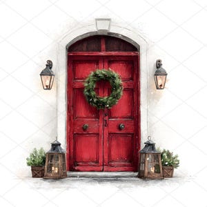 20 Christmas door JPGs, Farmhouse Door Wreath Clipart, Rustic Christmas, Xmas Wreath, Printable Watercolor, High Quality, Digital Download