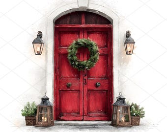 20 Christmas door JPGs, Farmhouse Door Wreath Clipart, Rustic Christmas, Xmas Wreath, Printable Watercolor, High Quality, Digital Download