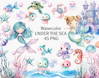 Clipart di vita marina carina, Pacchetto di clipart PNG sotto il mare, Clipart di animali marini ad acquerello, Medusa Tartaruga, Stella marina Delfino