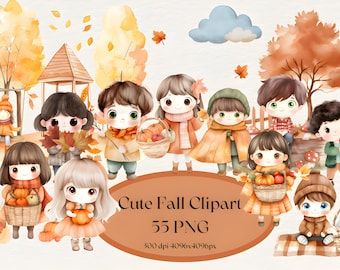 Cute Fall Kids Clipart Bundle, Thanksgiving PNG for Scrapbooking and Prints, Watercolor Autumn Clipart with Pumpkin Cottagecore Art